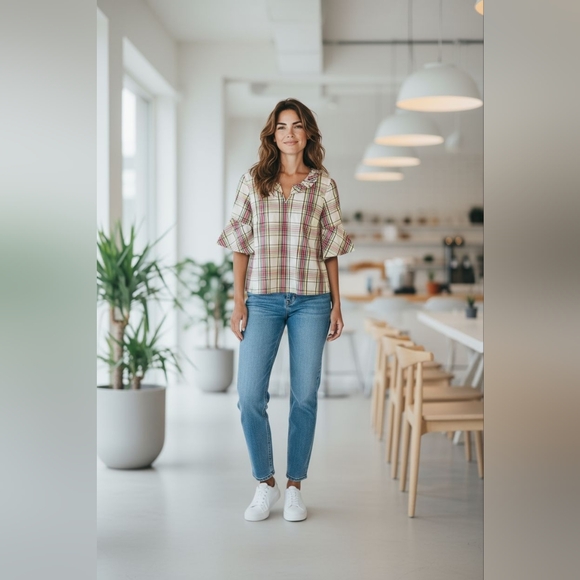 Talbots Tops - Talbots sz small plaid side zip ruffle collar plaid shirt flare sleeve WT310